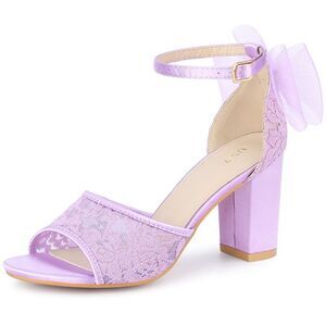 Lace Open Toe Bow Ankle Strap Block Heel Sandals Purple